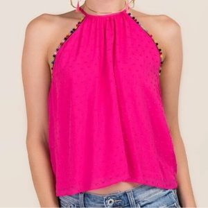 Francesca’s High Neck Swiss Dot and Pompom Top